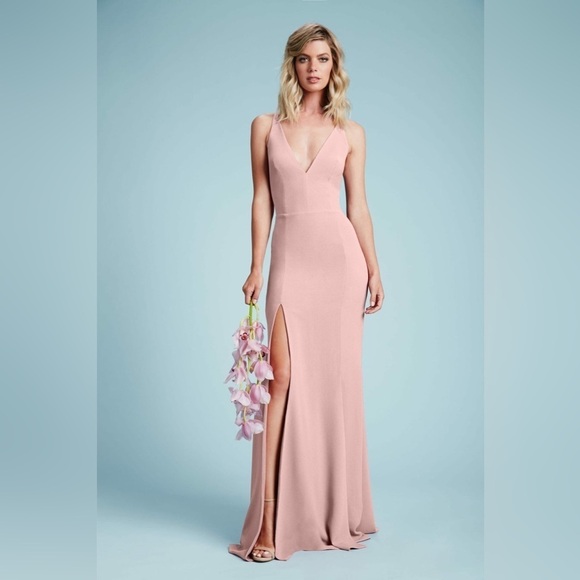New! Dress The Population Iris Body-Hugging V-Neck Blush Pink Gown 🌸Medium NWT - Picture 1 of 4
